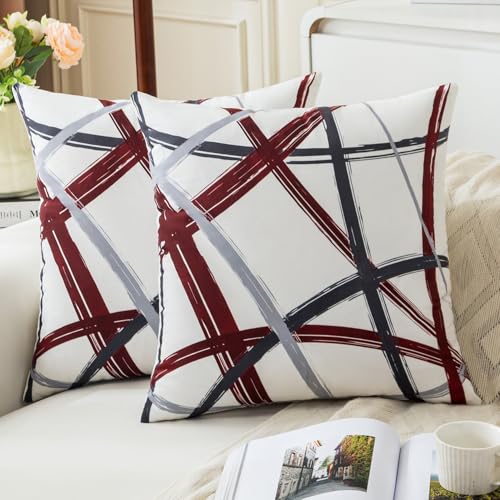 Jayusaror Fundas Cojines Sofa Juego 2 Fundas 45 x 45 Rojo Gris Fundas Cojines Decoración del Hogar Terciopelo Almohadas Geométricas para Sofá, Cama, Dormitorio, Sala de Estar