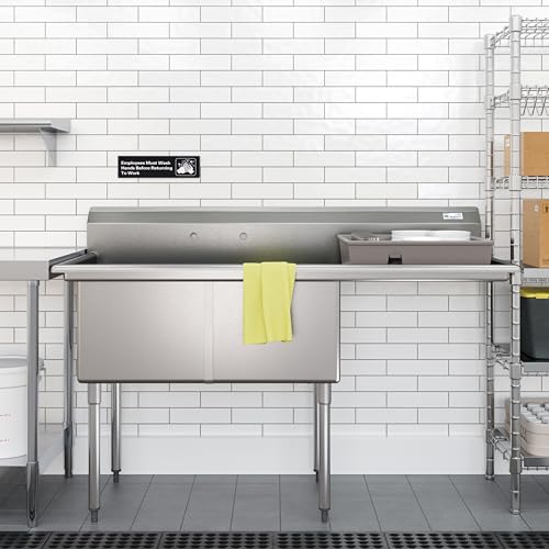 Image of KoolMore 63 in. 18-Gauge 2-Compartment Commercial Sink with Backsplash and 24 in. Right Drainboard, Bowl dimensions 18 inchx24 inchx14 inch in Stainless-Steel (KM-SB182414-24R3)
