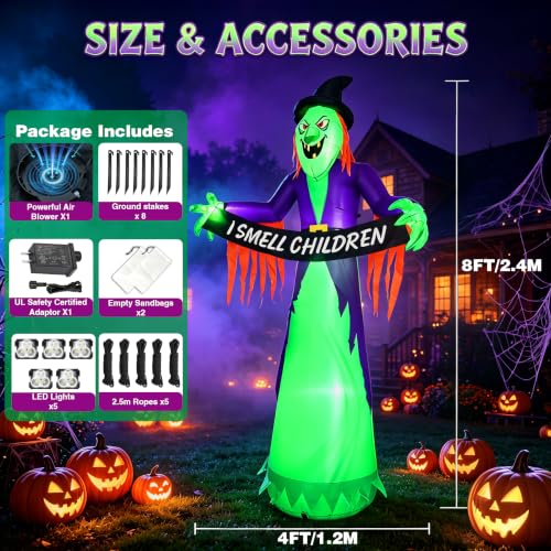 Image of 8FT Halloween Inflatable Witch Decorations for Outdoor Yard with LED Lights