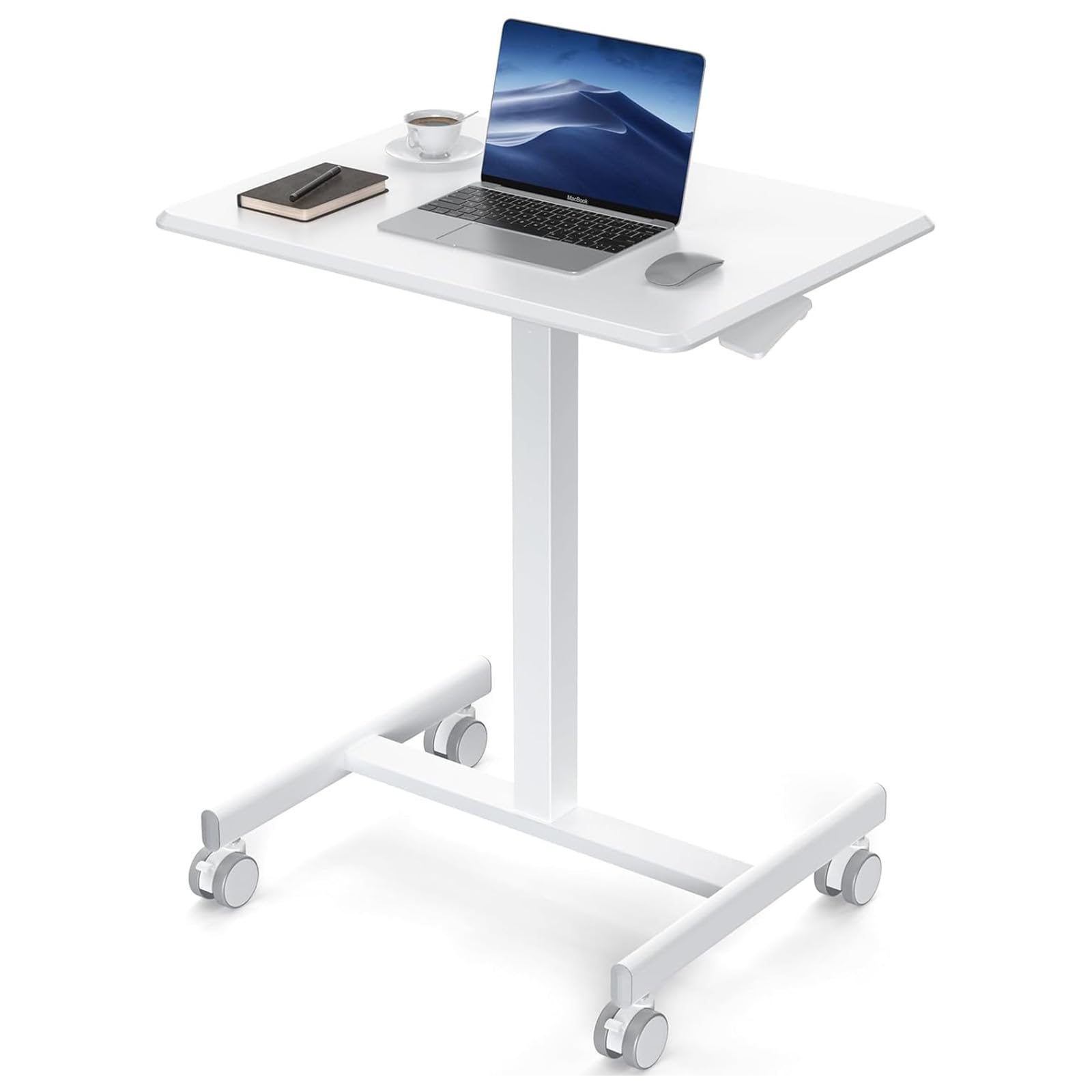 DUMOS Small Standing Desk Mobile Portable Rolling Laptop PC Table on Wheels Adjustable Height Computer Workstation for Home