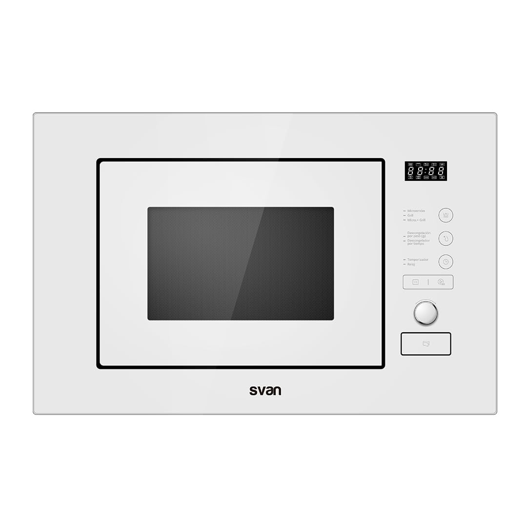 Svan Microondas 20 Litros Integrable con Grill Blanco SMWI2800DGB. 800W, Grill 1000W, 8 Programas, Modo Descongelación, Revestimiento Interior, Fácil Limpieza, Temporizador 95min.
