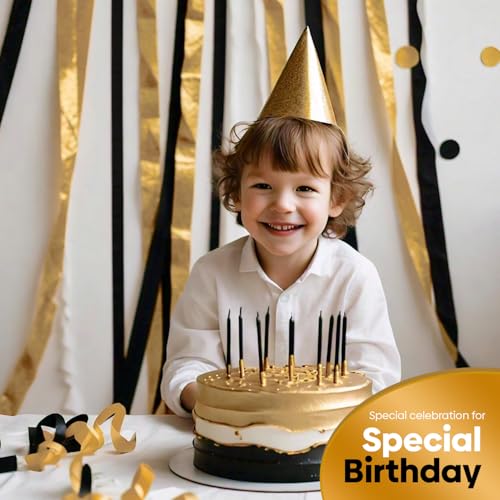 Image of 4 Gold Black Crepe Paper Streamers, 328ft Pack of Party Decorations | Each roll is 82 ft long and 1.8 Inch wide ideal for Birthday Party Decor, Wedding Decorations and Themed Parties