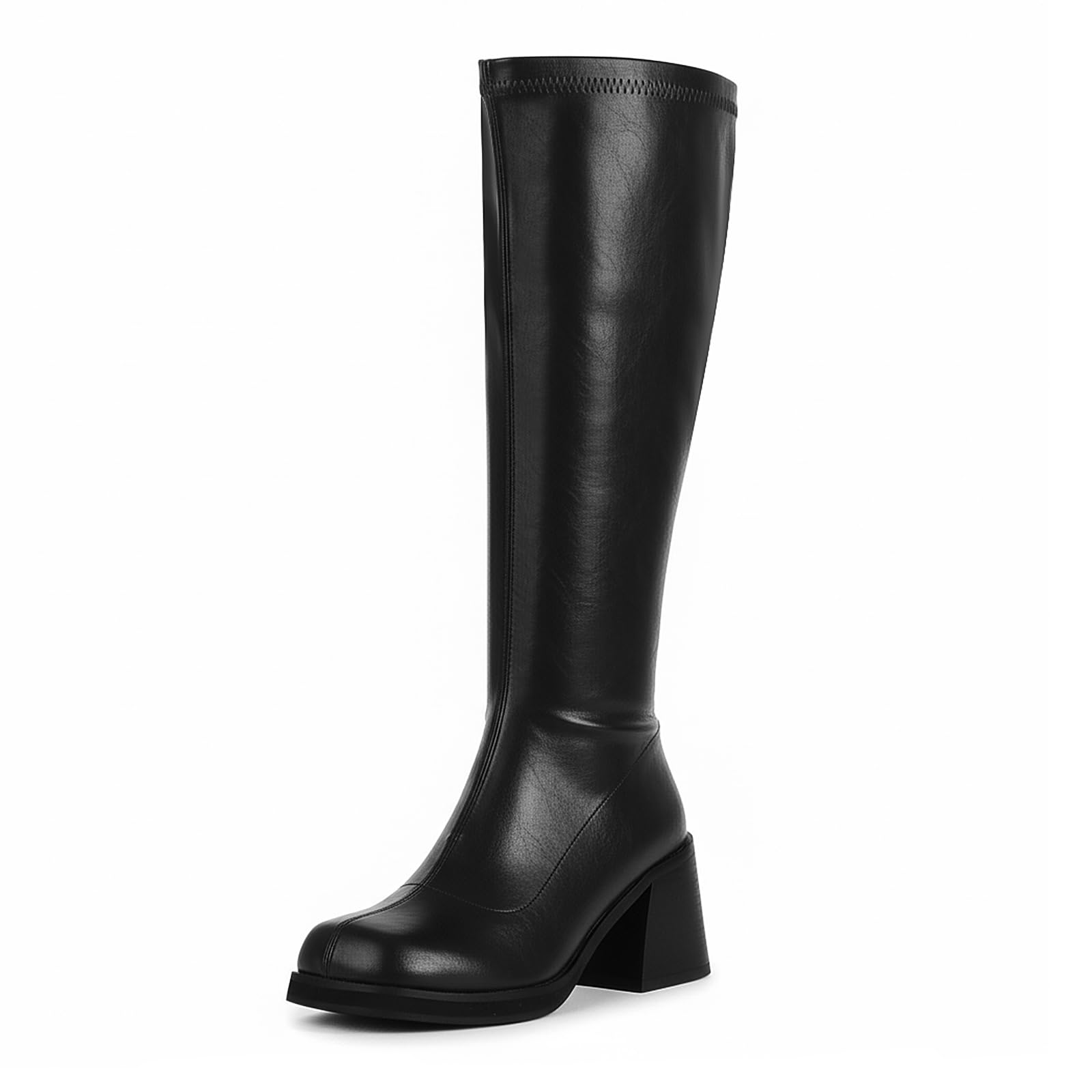 FIFSY Womens Platform Knee High Boots Chunky Block Heeled Tall Boots Square Toe Leather Long Booties with Side