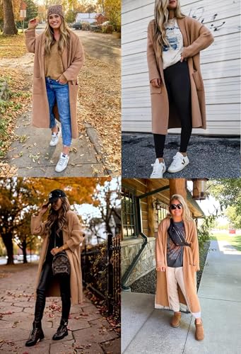 Image of Womens Long Sleeve Maxi Cardigan Open Front Oversized Knitted Sweater Coat Casual Lapel Warm Overcoat with Pockets