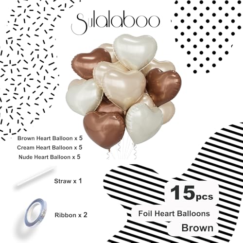 Image of 15Pcs Brown Cream Nude Neutral Heart Balloons Helium 18 Inch | Heart Shaped Foil Balloons for Valentines Day Mother's Day Engagement Anniversary Birthday Bridal Wedding Party Decorations