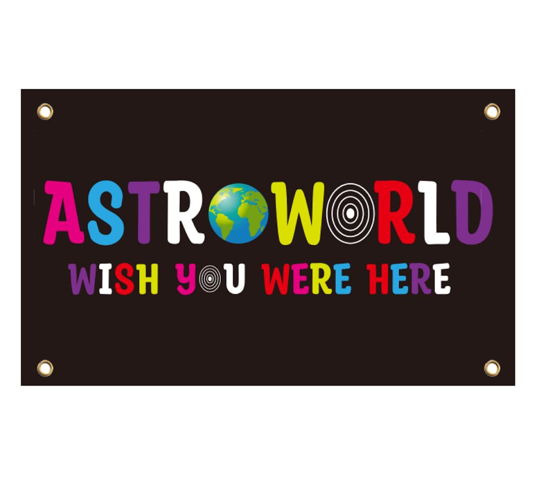 3x5 Ft Astroworld Polyester Flag Black - Man Cave Wall Single Sided Flag with 4 Grommets for College Dorm Room Decor - Wish You Were Here Tapestry - Wall Hanging Black Home Decorations for Bedroom