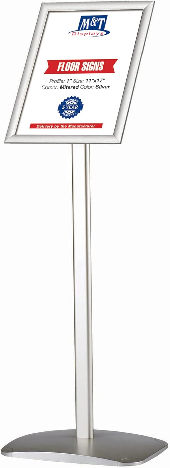 M&T Displays Advertising Restaurant Aluminum Sign Post, Silver A3 11x17 Inch Poster Size, Mitred Corner, Landscape and Portrait Use, Reusable and Durable Message Board, Free Standing (Silver - 1 Pack)