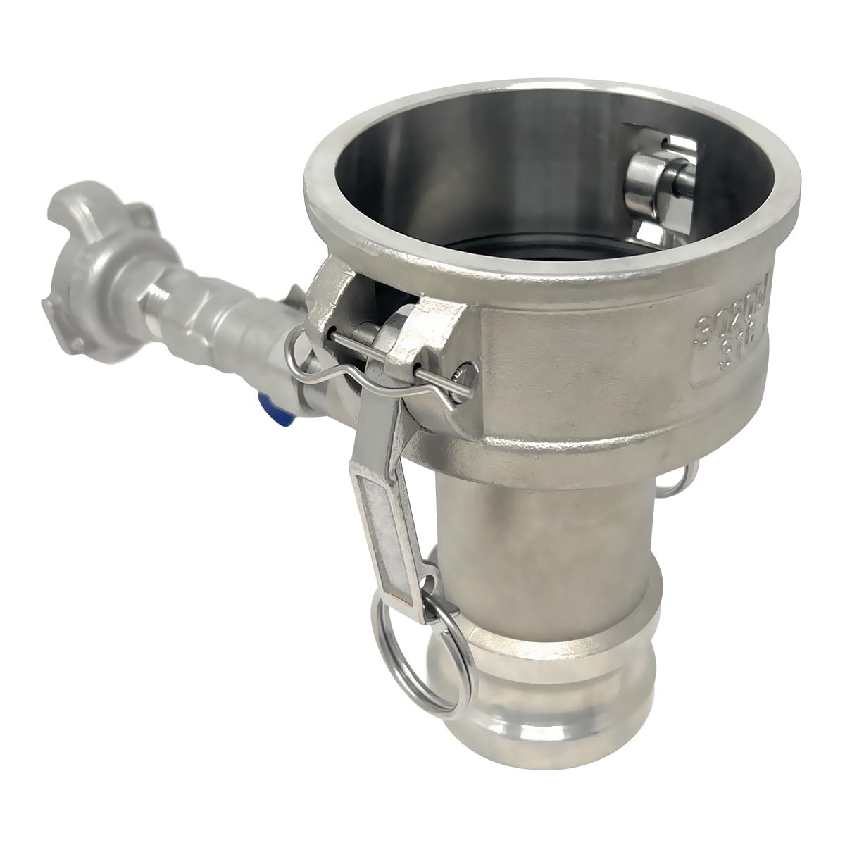 Gloxco Cam and Groove Fitting, Type DA with 1/2" Blowdown Assembly, Stainless Steel, 3" Female Camlock Coupler x 2" Male Camlock Adapter (CAM-3020-DABD05-SS)