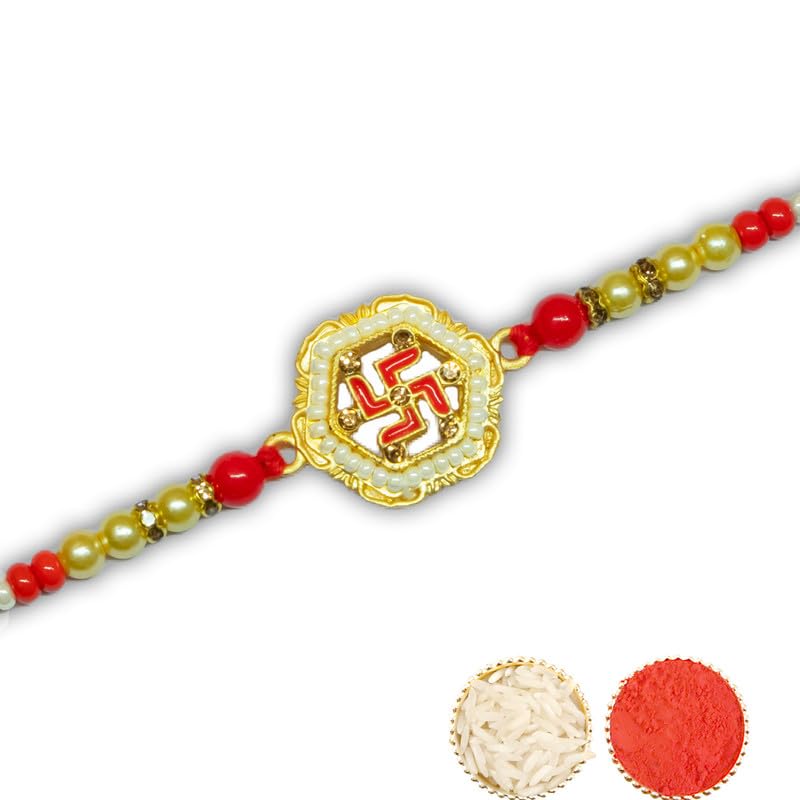 Image of Canton Rakhi With Chocolate Gift Combo, Pack of 3 Designer Rakhi For Brother With Chocolate Gift, Roli & Greeting Card (Design-11, Rakhi With Cadbury)