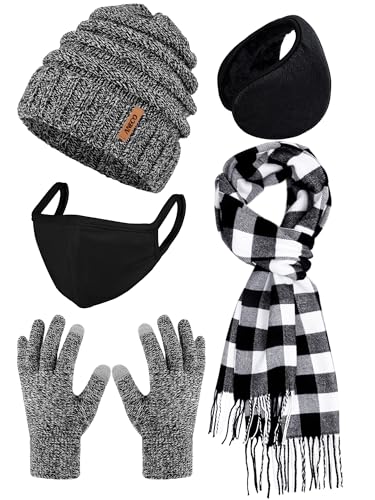 Aneco Winter Warm Sets Buffalo Plaid Scarf Knitted Beanie Hat Gloves Earloop Warm Cover for Men and Women