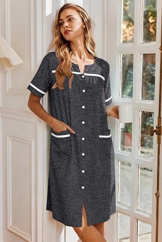 Image of Ekouaer Nightgowns for Women House Dress with Pockets Button Down Sleepshirt Short Sleeve Nightshirt Housecoat