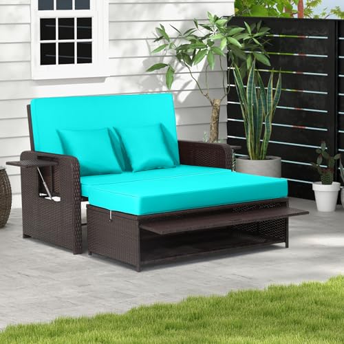LDAILY Moccha Outdoor Daybed, Wicker Loveseat Sofa Set with 4-Postion Adjustable Backrest, Storage...