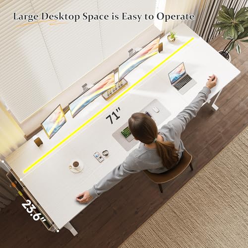 Image of DurayLoly 71 inch Computer Desk LED Lights, Large Office Desk for 3 Monitors or 2 laptops,Long Desk with Storage Bag&Headphone Hook for Study Writing Work Gaming Desk,Sturdy Metal Frame,Bedroom,White