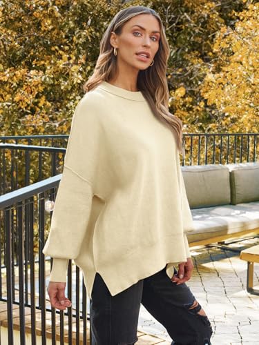Image of LILLUSORY Women's Oversized Batwing Sweaters 2026 Fall Outfits Trendy Crewneck Knit Side Slit Fashion Pullover Tops