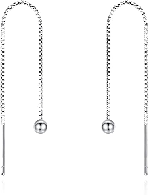 Simple Ball Pull Through Earrings 925 Sterling Silver for Women Bead Dangle Tassel Long Chain Threader Earrings for Double Multiples Piercings 70mm 120mm