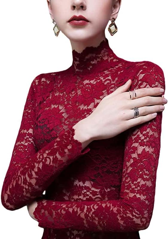 Women's Sexy Slim Fitting Long Sleeved Turtleneck Pullover Bottom Shirt Mesh Lace Perspectives T-Shirt Top - Image 5