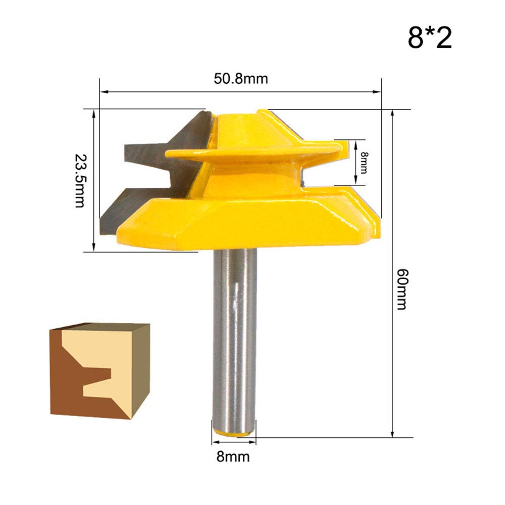 BIGP 3Pcs 8mm Gambo Frese per Scanalature 45° Lock Mitre Router Bits, diametro 1-3/8", 1-1/2", 2" Punte di Falegnameria, Frese Trapano Lavorazione del Legno Strumenti