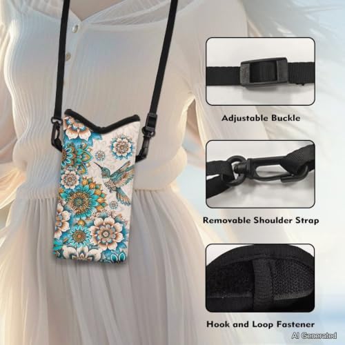 Image of Women Men Small Crossbody Phone Bag Cellphone Wallet Purse Compatible with Most Smartphones Phone Carry Pouch for Travel, Outings, Beach, Hiking, 8 x 4 inch, Boho Flower Hummingbird