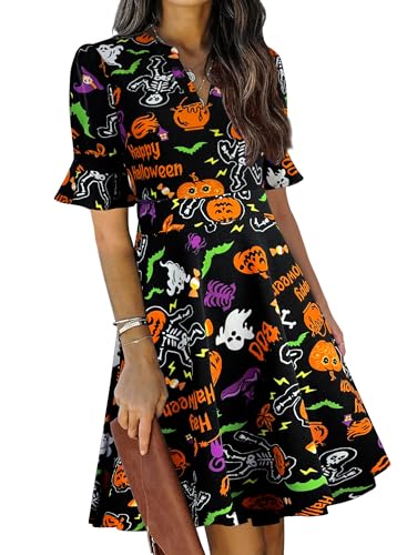 Image of Mokayee Womens Summer V Neck Ruffle Short Sleeve Fit and Flare Knee Length Church Wedding Guest Dresses with Pockets