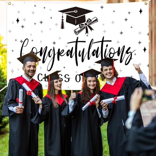 Image of Congratulations Class of 2025 Backdrop, Black & White 2025 Grad Photo Backdrop, High School College Graduation Classroom Banner, Congrats Grad 2025 Graduation Party Decorations, 5.9 * 3.6Ft
