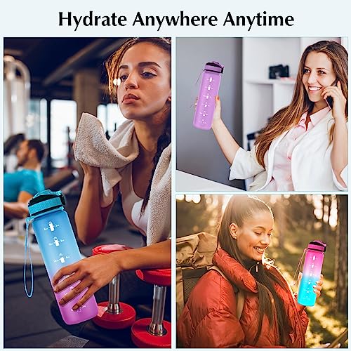 Image of EYQ QuickSpout Water Bottle with Time Marker and Carry Strap, 32 oz, BPA-Free, Non-Toxic, Leak-Proof (Green /Purple Gradient)