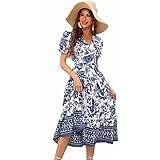 LEU LEU Vestido Largo de Mujer con Estampado Floral en Cuello en V (MX/US, Alfa, Mediano, Regular, Regular, Azul)