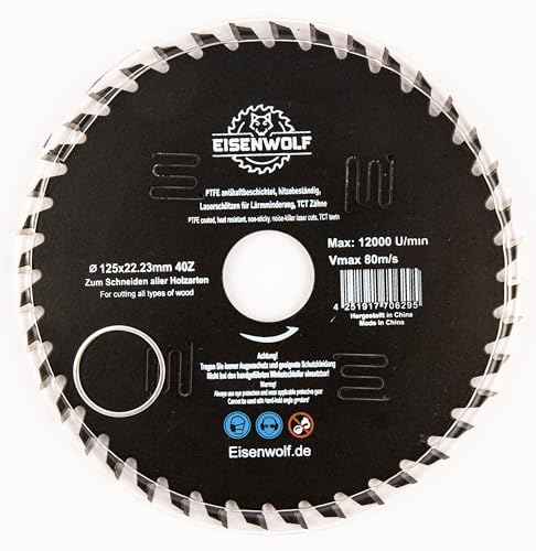 125 x 22,23 mm, lama per sega circolare per legno con 40 denti TCT inclinati, rivestimento antiaderente PTFE e taglio laser per ridurre il rumore