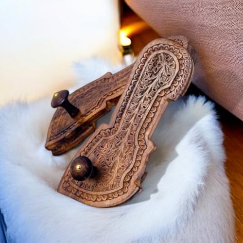 Image of Handcrafted Wooden Khadau Paduka for Pooja | Designer Carved Chappal for Men & Women | Traditional Spiritual Footwear for Mandir, Meditation & Festivals (Size 10.5 Inch)