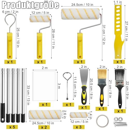 Lot de 20 rouleaux de peinture avec barre télescopique de 1,5 m, rouleau de peinture, pinceau, grattoir et bac à peinture, rouleau de peinture pour peindre les murs, plafonds, portes, moulures – vue 2