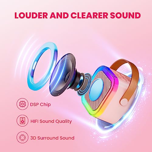 Image of IROO Mini Karaoke Machine for Kids, Birthday Easter Gifts Toys for Girls Boys Friends Age 3-12+, Portable Bluetooth Speaker with 2 Wireless Mics, Karafun Premium Songs Family Home Party(Pinkcolor)
