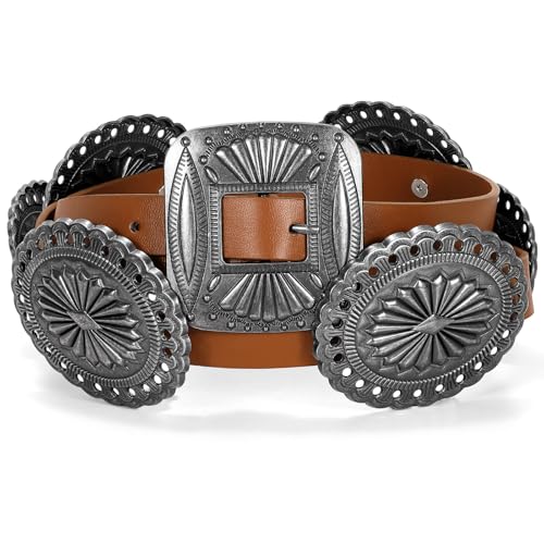 Western Belts for Woman Oval Concho Belt Cowgirl Belt Boho Disc Belt Buckle for Dress Jeans Country Concert Outfit