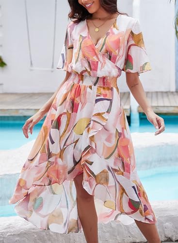 Image of Kormei Womens Short Sleeve Floral Maxi Dress High Low V-Neck Flowy Party Long Dresses