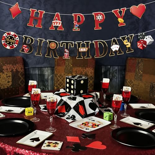 Image of Casino Happy Birthday Banner Casino Theme Birthday Decorations Poker Game Party Banners Garland for Las Vegas Themed Poker Game Night 21st Birthday Party Supplies
