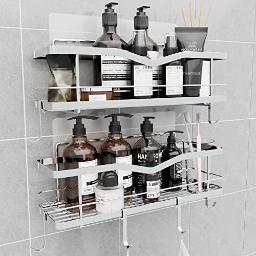 MZF 2-Pack Shower Caddy, No Drilling Adhesive Shower Shelf, Rustproof Stainless Steel Bathroom Shower Organizer Storage, Shower Shelf for Inside Shower & Kitchen Storage, Silver
