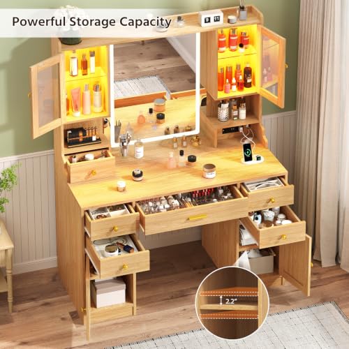Image of CSZZD Makeup Vanity Desk with Mirror and Lights, Large Vanity Table Set with Charging Station, Dressing Table with RGB Cabinets & 6 Drawers, Wood Vanity Mirror with Light Desk with Storage Shelves