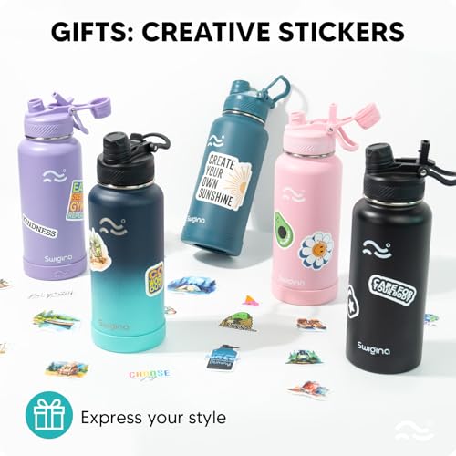 Image of Swigina Insulated Water Bottle with Silicone Boot (36hrs Cold /18hrs Hot) - DIY Stickers, [2-in-1 Lid], BPA Free, 32 oz