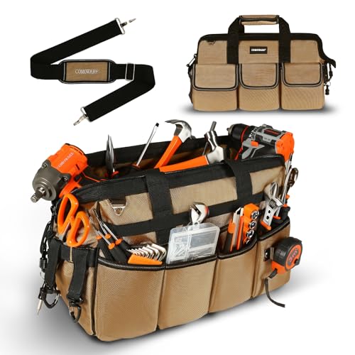 COMOWARE 16" Tool Bag, 19-Pocket Heavy Duty Tool Organizer with Adjustable 51.2" Shoulder Strap, 1680D Oxford Fabric & PVC Coating, Reflective Strips, Tactical Loops, Mechanics, Plumbers, DIY