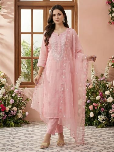 Image of INDO ERA Women's Cotton Blend Solid Straight Kurta with Pant & Dupatta Set