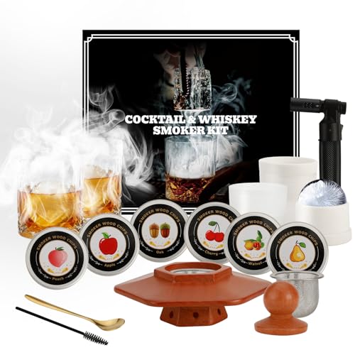 Whiskey Smoker Kit with Torch 6 Flavors Wood Chips 2 Glasses 2 Ice Ball Molds Cocktail Smoker Infuser Kit Smoked Old Fashioned Set Bourbon Whiskey Festival Gifts for Men (No Butane)