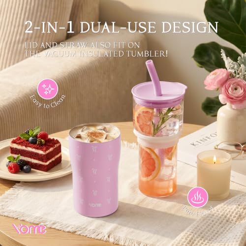 Image of YOME 20oz Elegant Bow Pink Insulated Glass Tumbler with Lid & Straw for Women Gift | Stainless Steel Iced Coffee Cup | Keep Drinks Cold |Cupholder Friendly |Ideal for Iced Coffee, Smoothies & Boba