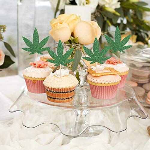 Innoru Pack Of 24 Pot Leaves Cupcake Toppers - Glitter Hemp Leaf Cake Toppers - Pot Weed Leaves 420 Birthday Baby Shower Party Supplies For Cupcake Toppers - Green #TOP6