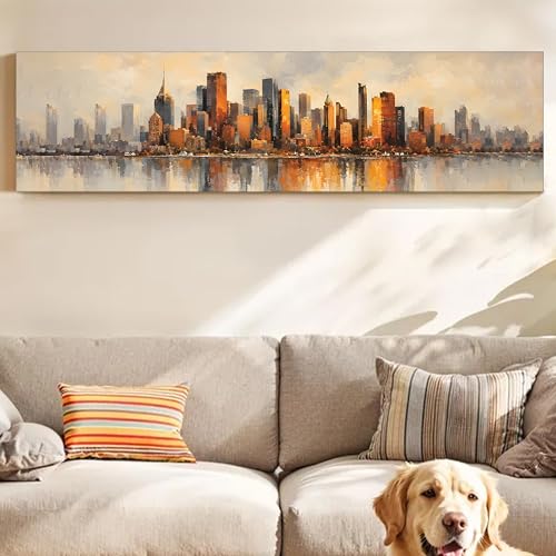 Image of Modern Urban Skyline Stretched Canvas Wall Art Painting for Living Room, Abstract Cityscape Canvas Wall Decor For Livingroom, Bedroom, Office, Hallway's, Hotel 12x46 Inch