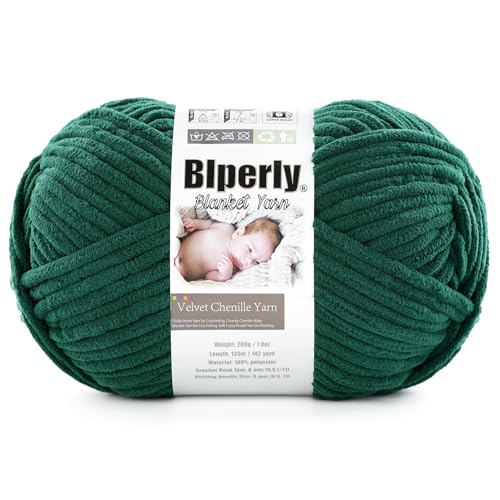6 Super Bulky Velvet Chenille Yarn for Crocheting - 1 Skein of 200g/7 oz - Ultra Soft Heavy Weight Chunky Knitting Yarn for Baby Blankets Amigurumi Home DecorDark Green1 Skein