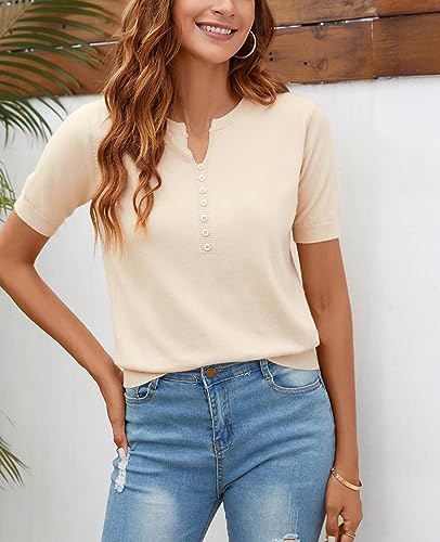 Image of Women Summer Knit Shirt Blouse V Neck Short Sleeve Pullover Sweater Tops