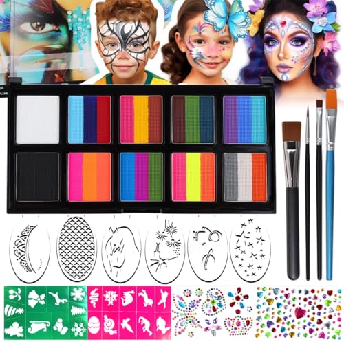 15-PCS Face Painting Kit 10-slot 3 Colors Water Based Makeup Palette Non Toxic Rainbow Body Paint Set Includes Brushes Stencils Decorative Gems Suitable for professional face and body painting.