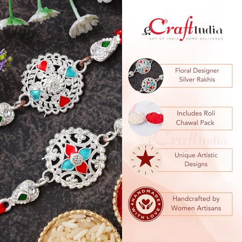 Image of eCraftIndia Unisex Adult Set Of 2 Peacock Feather Designer Rakhis For Brothers With Roli Chawal