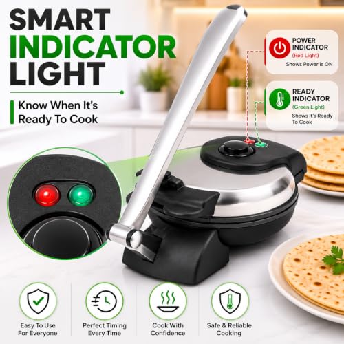 Image of Elevea 𝟏𝟓 𝐘𝐞𝐚𝐫 𝐋𝐨𝐧𝐠 𝐋𝐢𝐟𝐞 𝐖𝐚𝐫𝐫𝐚𝐧𝐭𝐲 Electric Roti Maker, Non Stick Chapati Maker, Portable Dough Press, Fast Cooking Roti Machine with Indicator Light for Home Kitchen