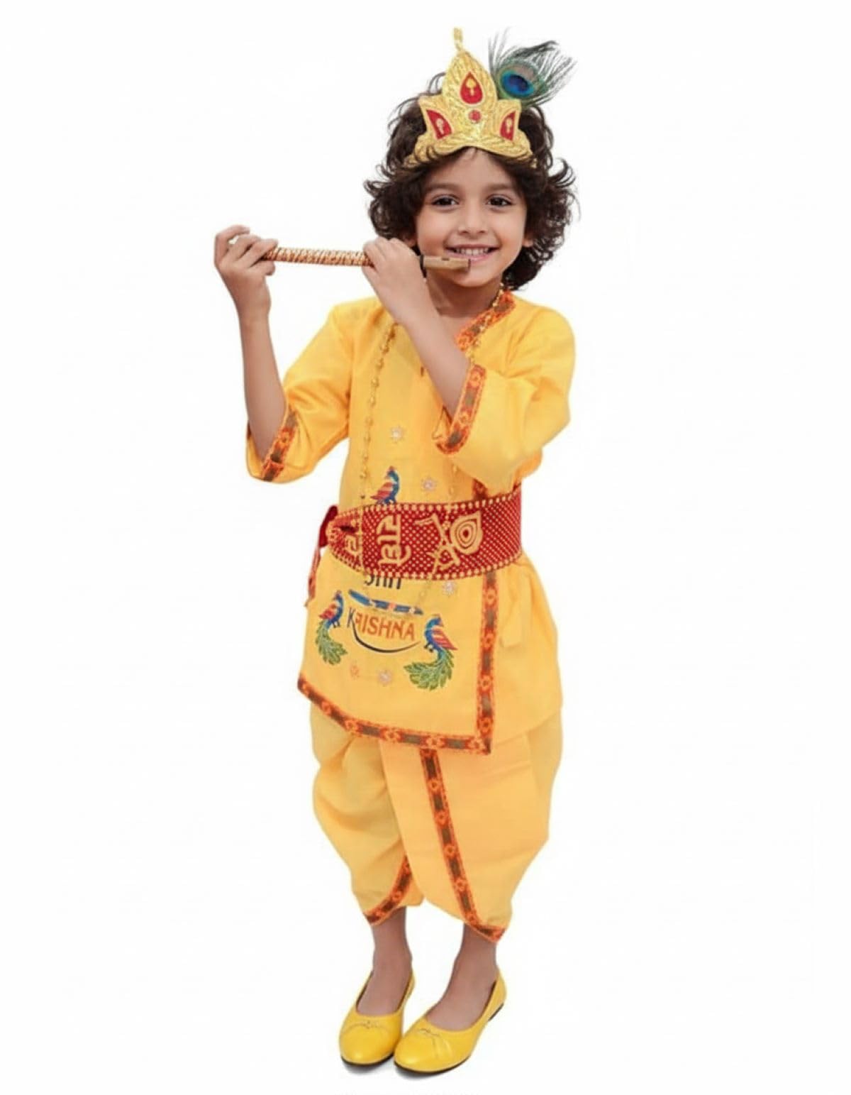 BookMyCostume Cotton Krishna Dress For Baby Boy|Print Shri Krishna Costume For Kids With Patka,Flute,Mukut & Mala|Janmashtami Photoshoot Outfit|Fancy Dress Roleplay Costume For Kids|5-6 Years