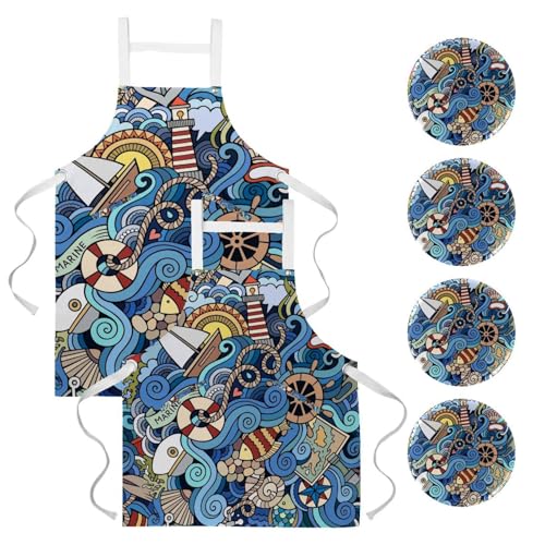 Tablier de cuisine anti-tache style marin avec 4 broches pour bar et restaurant