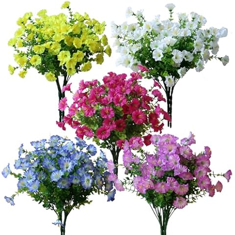 Realistic Spring Artificial Fake Flowers Plants Outdoor Summer Decoration, 10PCS UV Resistant Look Real Faux Silk Colorful Flowers Eucalyptus Bushes for Pot Window Box Porch Garden Patio Yard Cover
